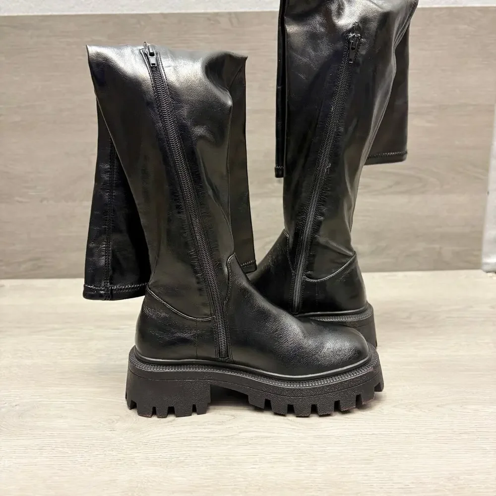 Urban Outfitters OTK Boots Culver Black Over The Knee Lug Sole Boots Size 7